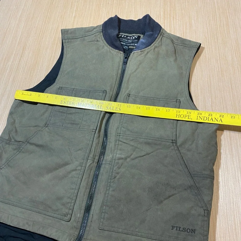Filson Mens Quilted Bomber Vest Olive Green Canvas Full Zip Utility Size M - Picture 3 of 5